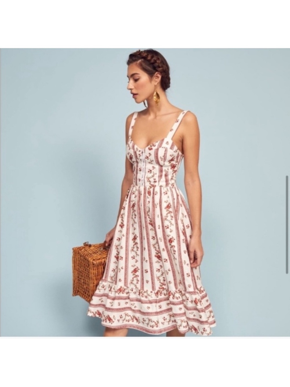 Reformation White and Red Floral Stripe Linen Midi Dress - Picture 3 of 7